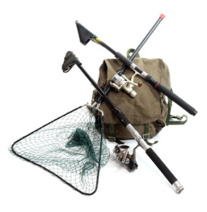 Accessories for angling - fishing rod and landing net.